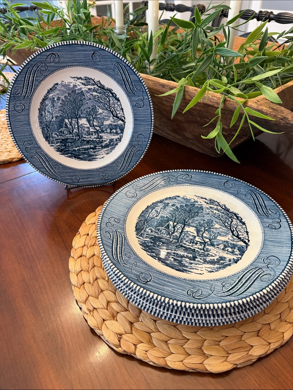 Set of 6 Vintage Currier & Ives Transferware “The Old Grist Mill” Dinner Plates